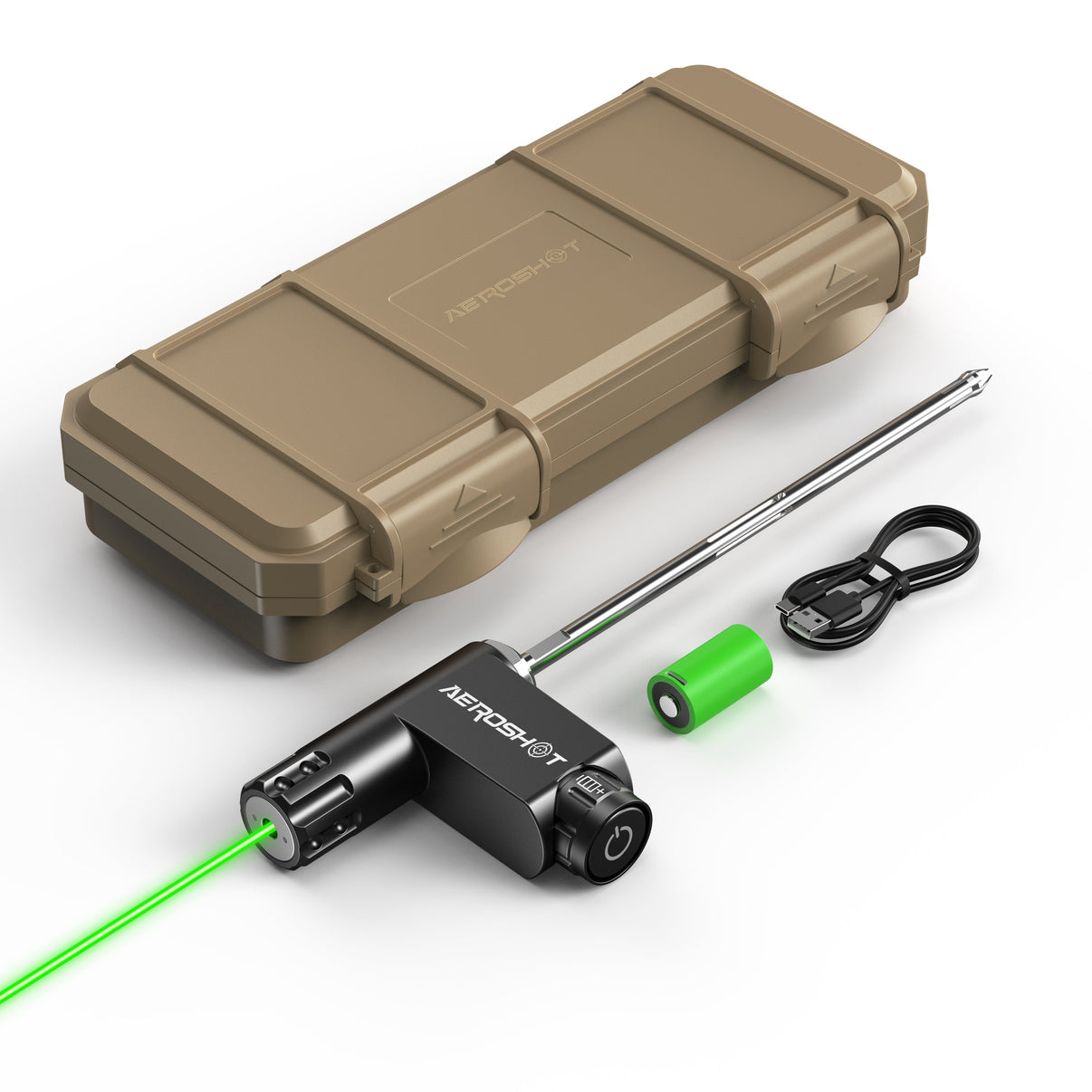 X-04 Green Laser Boresighter – Enhanced Visibility for Outdoor Precision with case, laser device, and accessories.