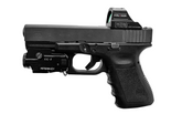 Aeroshot GAL-B compact pistol light mounted on the rail of a Glock pistol, left side view