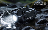 Aeroshot GAL-B pistol light with LED on, splashed with water on wet rocks, IP65 water resistant