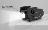 Aeroshot GAL-B 600 lumen compact pistol light with the LED lit, front three-quarter view