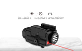 Aeroshot GAL-B 600 lumen pistol light with red laser on, 1 hour runtime, ultra-compact
